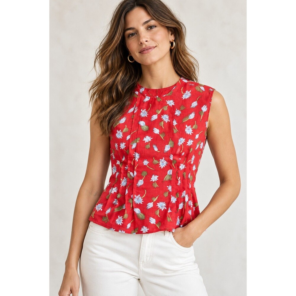 J.Crew Pintuck Shell Top Brushed Daisy Print Ramie Red Floral Blouse Sz 8 CK046